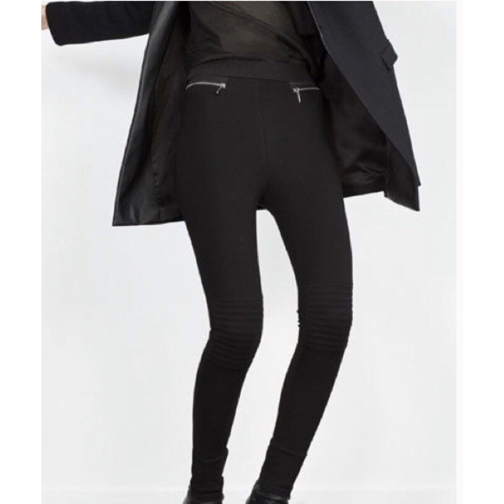 Zara Basic Black Moto Pull On Legging Pants For Women Small Zip Pockets